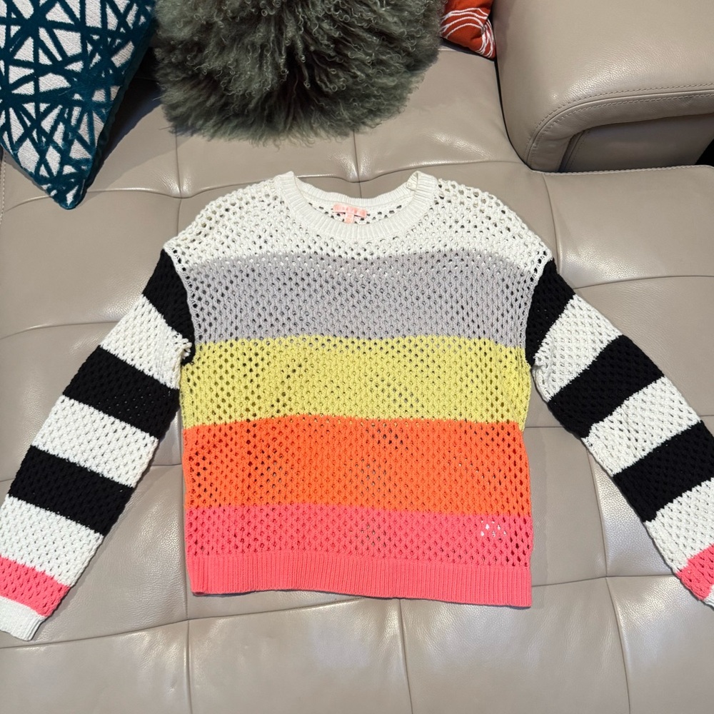 Lisa Todd Pink and Orange Crew Neck Sweater with Colorful Stripes